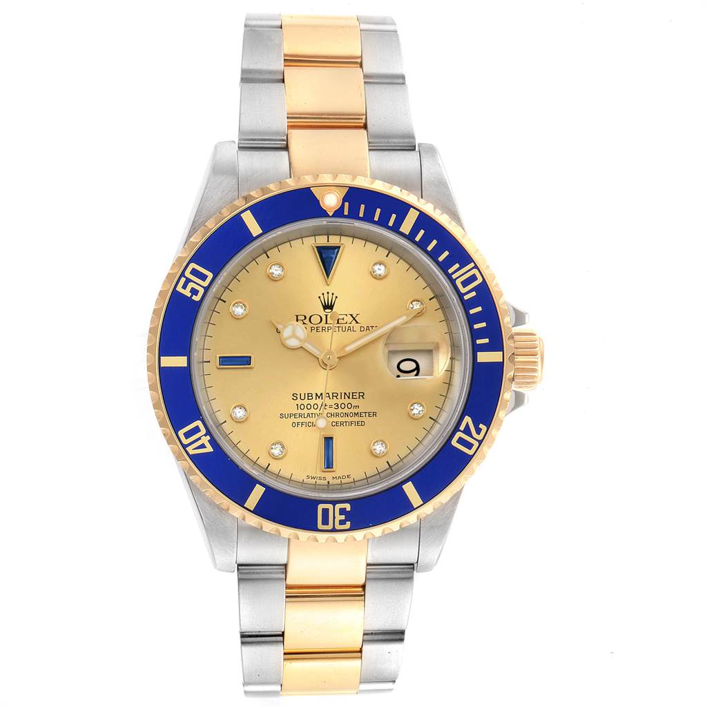 This image shows a front view of a Rolex Submariner 16613 Men's Steel and Gold (two tone) Champagne Dial 16613 Men's Steel and Gold (two tone) Champagne Dial watch, highlighting its dial, bezel, and two-tone metal bracelet.