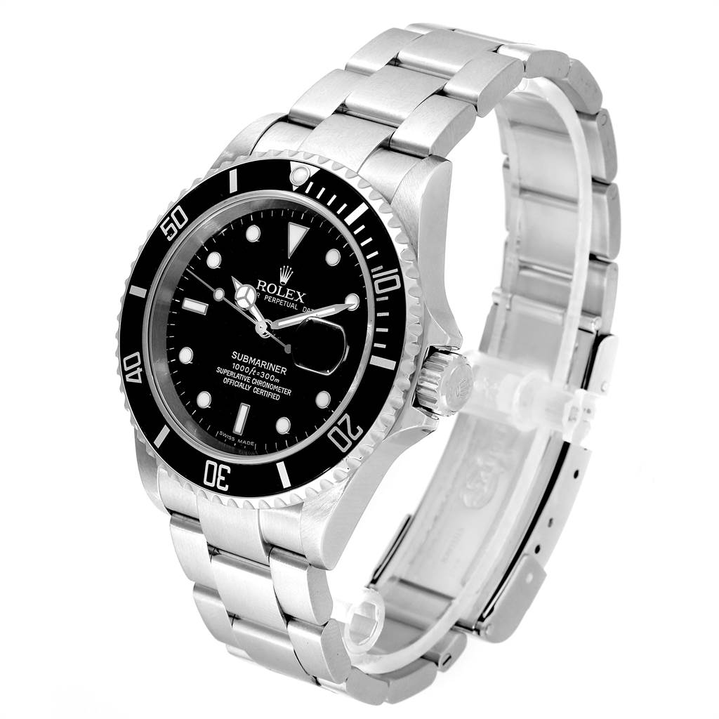 The image shows a Rolex Submariner 16610 Men
s Stainless Steel Black Dial 16610 Men
s Stainless Steel Black Dial watch angled to display the face, bezel, bracelet, and crown.
