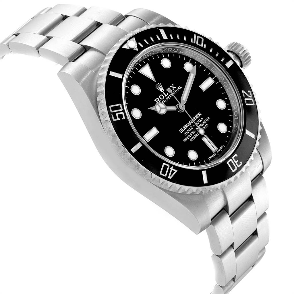 This image shows a Rolex Submariner 114060 Men's Stainless Steel Black Dial 114060 Men's Stainless Steel Black Dial watch from a tilted angle, highlighting its black dial, bezel, and stainless steel bracelet.