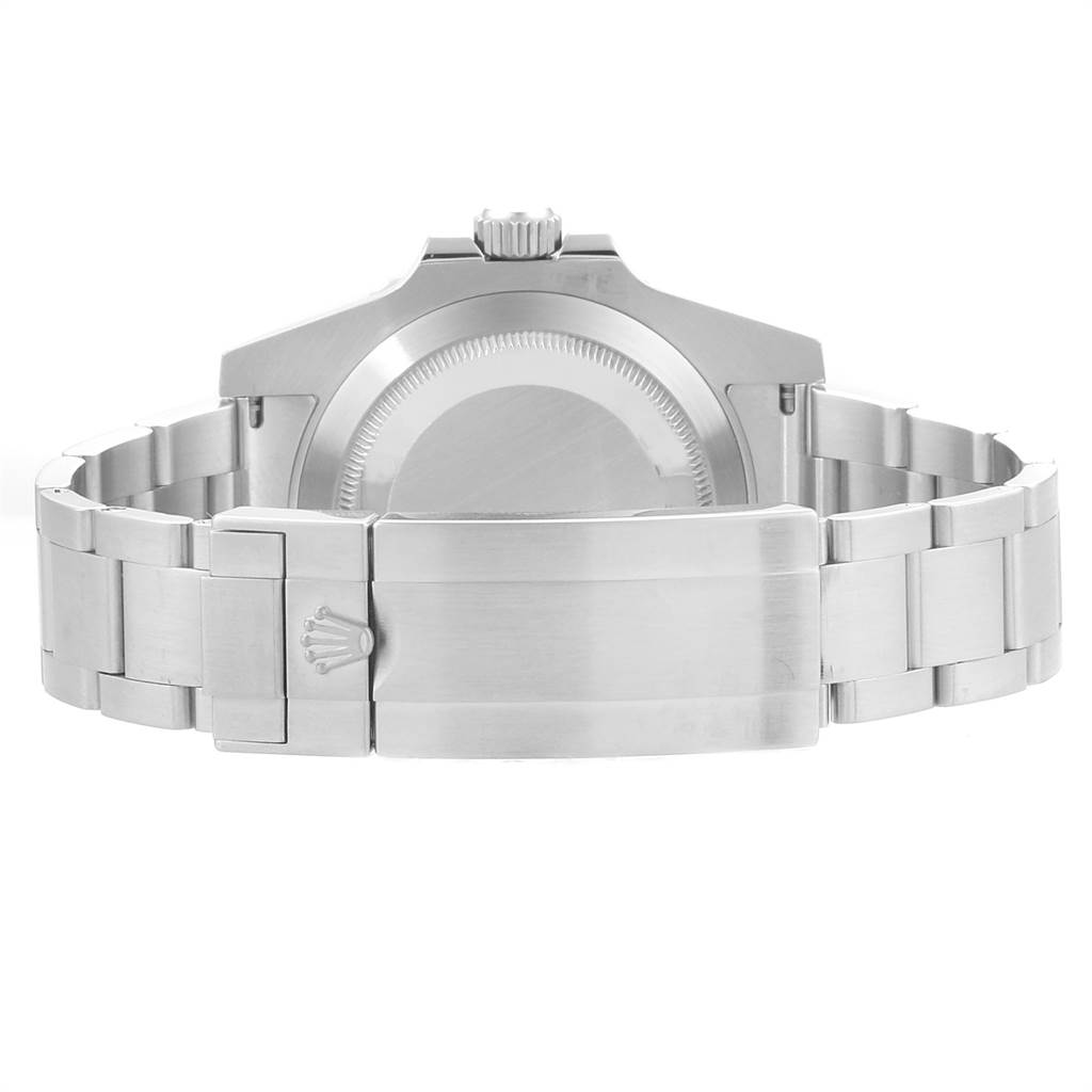 The image shows the rear view of a Rolex Submariner 114060 Men's Stainless Steel Black Dial 114060 Men's Stainless Steel Black Dial, highlighting the case back and part of the bracelet with the clasp.