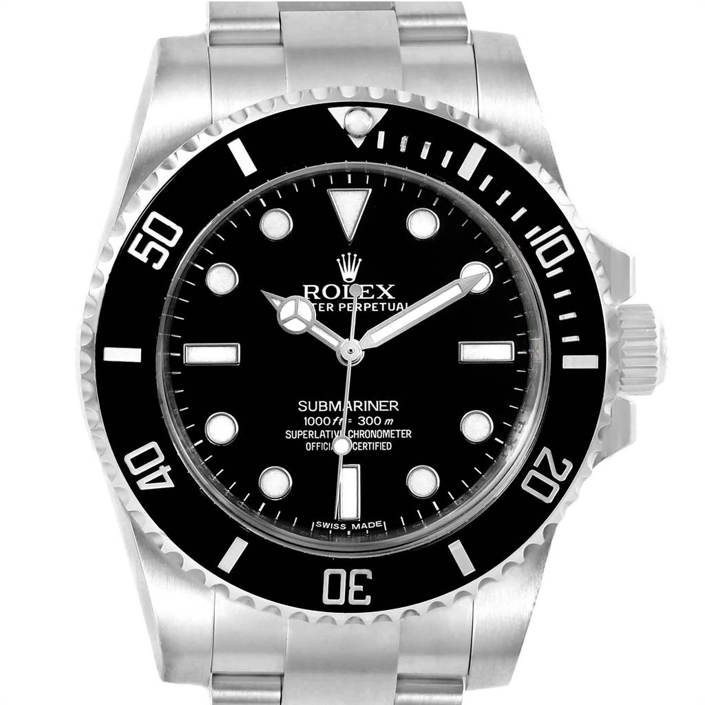 This is a front view of a Rolex Submariner 114060 Men's Stainless Steel Black Dial 114060 Men's Stainless Steel Black Dial watch, showing the dial, bezel, and part of the bracelet.