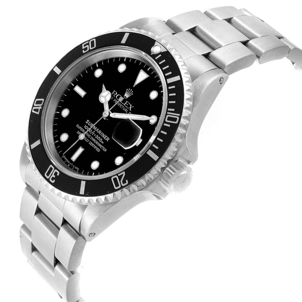 This image shows a side angle view of the Rolex Submariner 16610 Men
s Stainless Steel Black Dial 16610 Men
s Stainless Steel Black Dial watch, highlighting the dial, bezel, and metal bracelet.