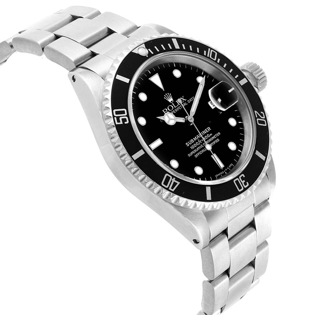 The image shows a Rolex Submariner 16610 Men
s Stainless Steel Black Dial 16610 Men
s Stainless Steel Black Dial watch at an angled view, highlighting its dial, bezel, and bracelet.