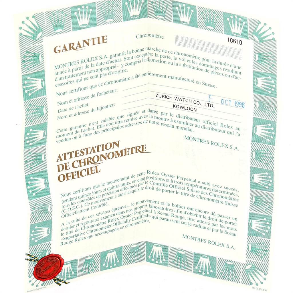 The image shows a warranty certificate for the Rolex Submariner 16610 Men
s Stainless Steel Black Dial 16610 Men
s Stainless Steel Black Dial model with a reference number 16610.