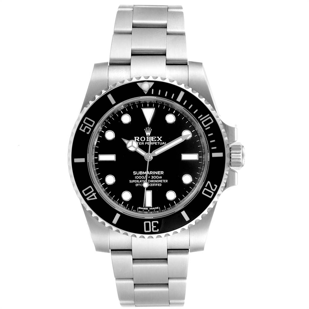 The image shows a frontal view of a Rolex Submariner 114060 Men
s Stainless Steel Black Dial 114060 Men
s Stainless Steel Black Dial watch displaying its dial, bezel, and bracelet.