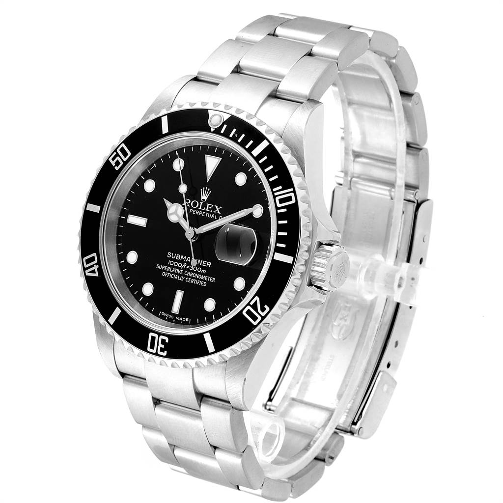 The Rolex Submariner 16610 Men
s Stainless Steel Black Dial 16610 Men
s Stainless Steel Black Dial watch is shown at a slight angle, displaying the face, bezel, crown, and part of the stainless steel bracelet.
