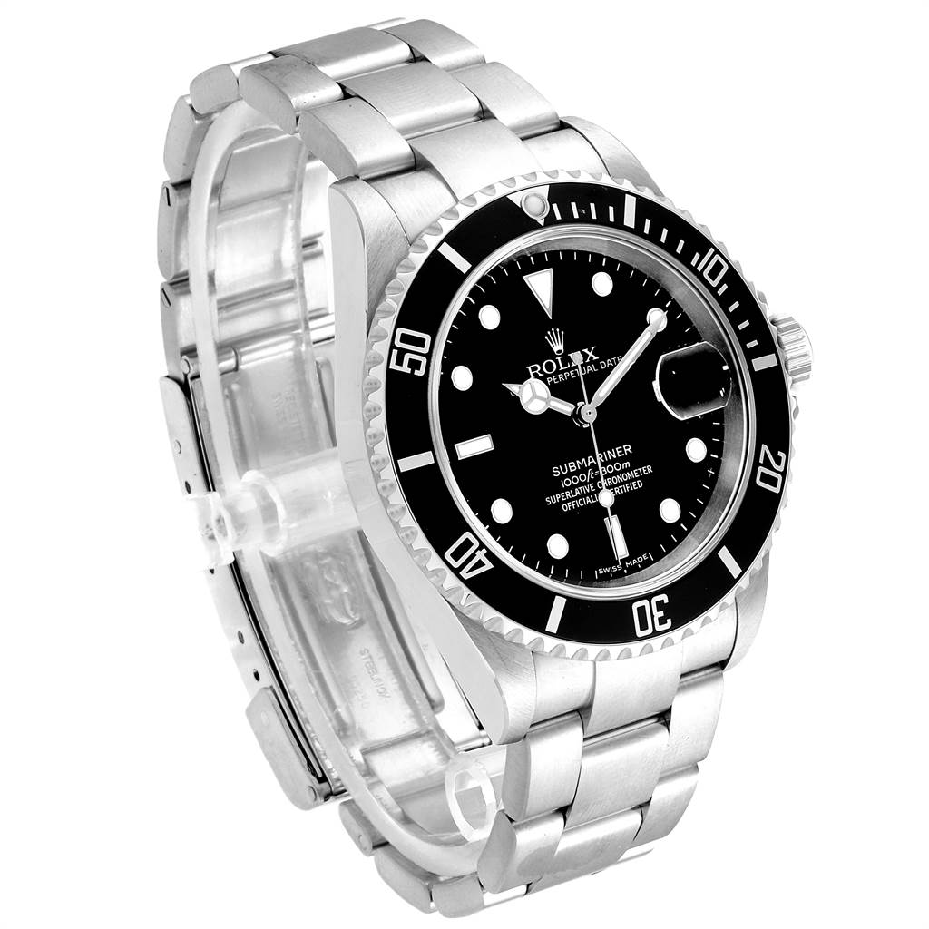 This image shows a Rolex Submariner 16610 Men
s Stainless Steel Black Dial 16610 Men
s Stainless Steel Black Dial watch, viewed at an angled front, displaying the face, bezel, band, and crown.