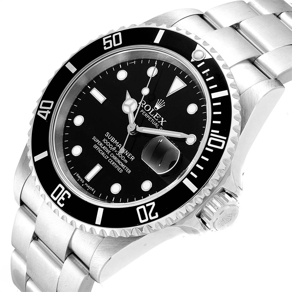 The image shows a Rolex Submariner 16610 Men
s Stainless Steel Black Dial 16610 Men
s Stainless Steel Black Dial watch at a tilted angle, displaying the dial, bezel, and bracelet.