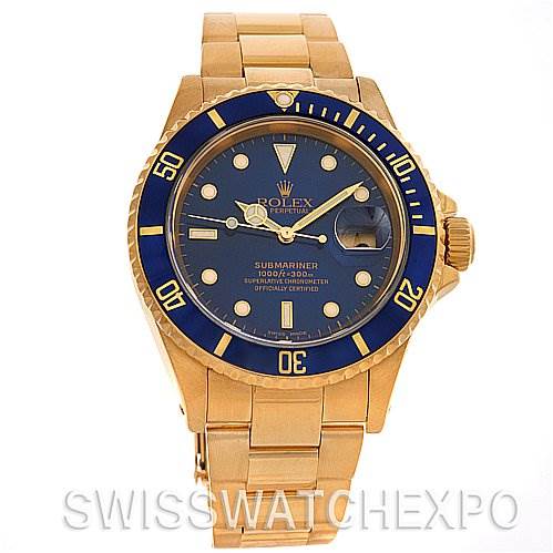 This image shows a front view of a Rolex Submariner 16618 Men's Stainless Steel Blue Dial 16618 Men's Stainless Steel Blue Dial watch in a gold finish with a blue dial and bezel.