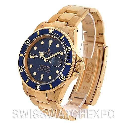 The image shows a Rolex Submariner 16618 Men's Stainless Steel Blue Dial 16618 Men's Stainless Steel Blue Dial watch at an angled side view, highlighting the dial, bezel, bracelet, and clasp.