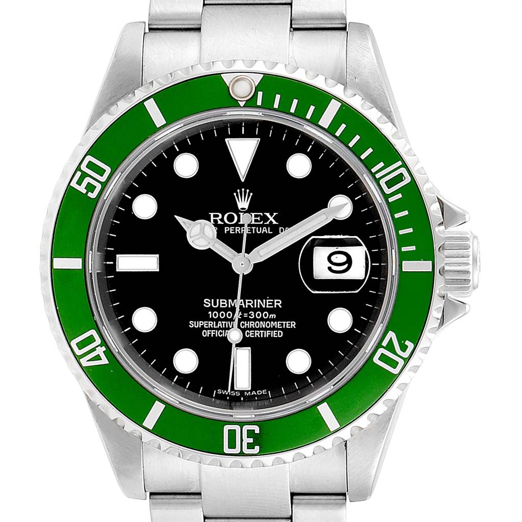 This is a close-up of the Rolex Submariner 16610LV Men's Stainless Steel Black Dial 16610LV Men's Stainless Steel Black Dial watch showing the face, bezel, and part of the bracelet, with a green bezel and black dial.