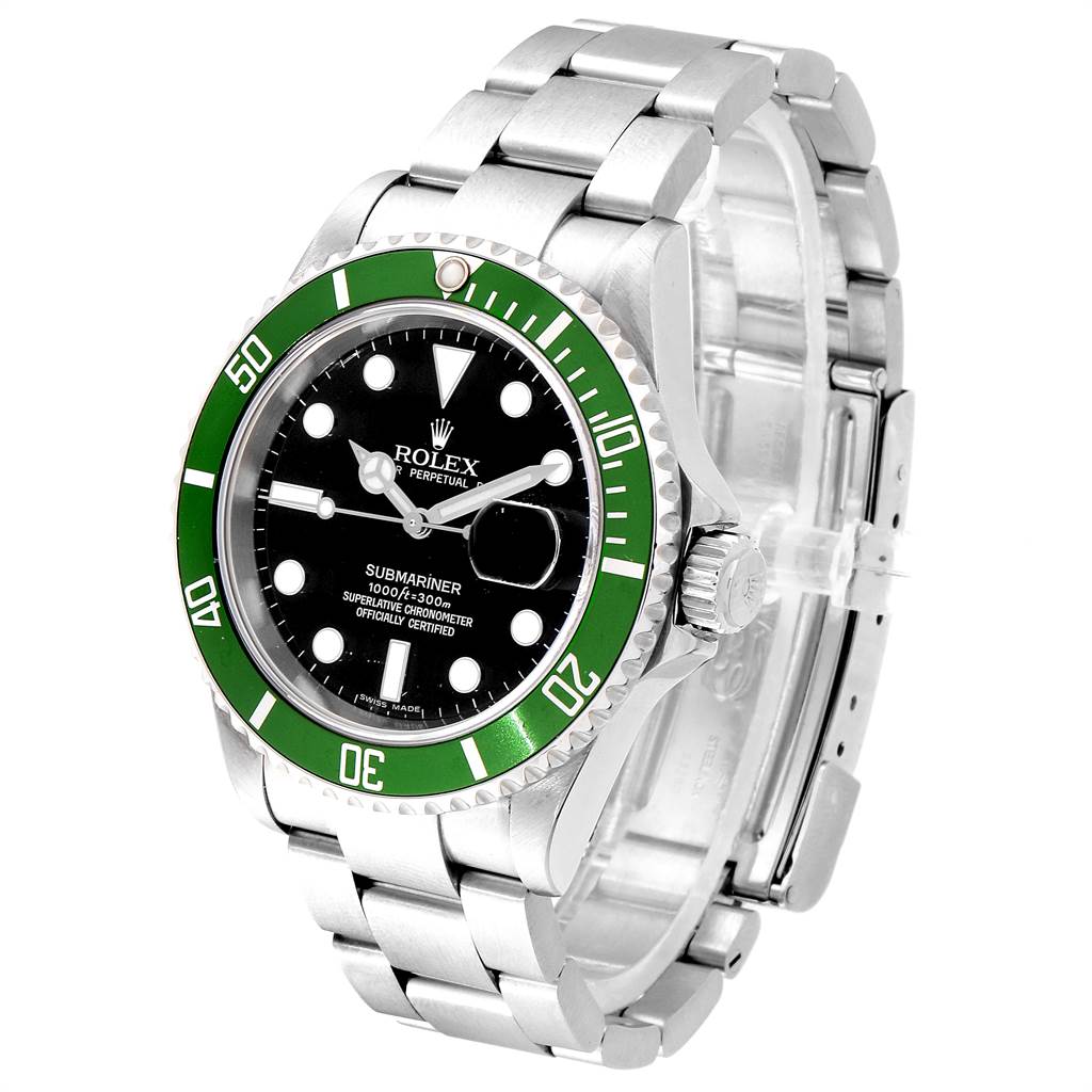 The image shows a Rolex Submariner 16610LV Men's Stainless Steel Black Dial 16610LV Men's Stainless Steel Black Dial watch from a front-left angle, highlighting the dial, bezel, and bracelet.
