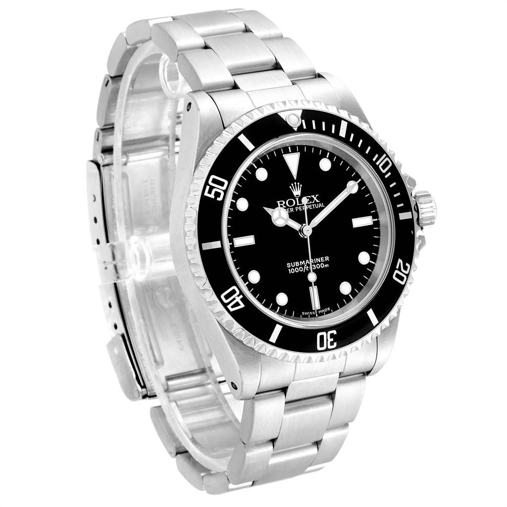 The image shows a Rolex Submariner 14060 Men's Stainless Steel Black Dial 14060 Men's Stainless Steel Black Dial watch at a slight angle, highlighting its black dial, bezel, and stainless steel bracelet.