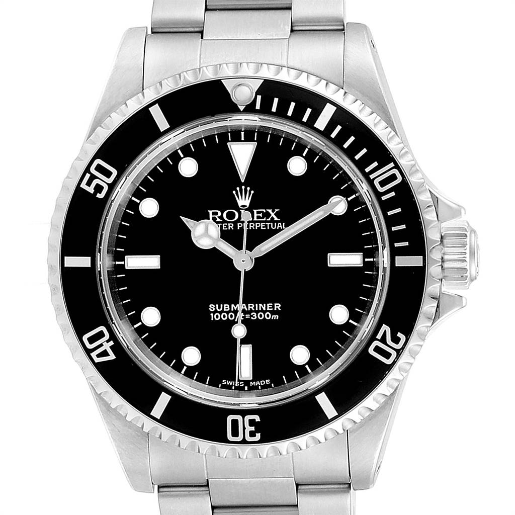 This image shows a front view of the Rolex Submariner 14060 Men's Stainless Steel Black Dial 14060 Men's Stainless Steel Black Dial watch, highlighting its dial, bezel, and bracelet.