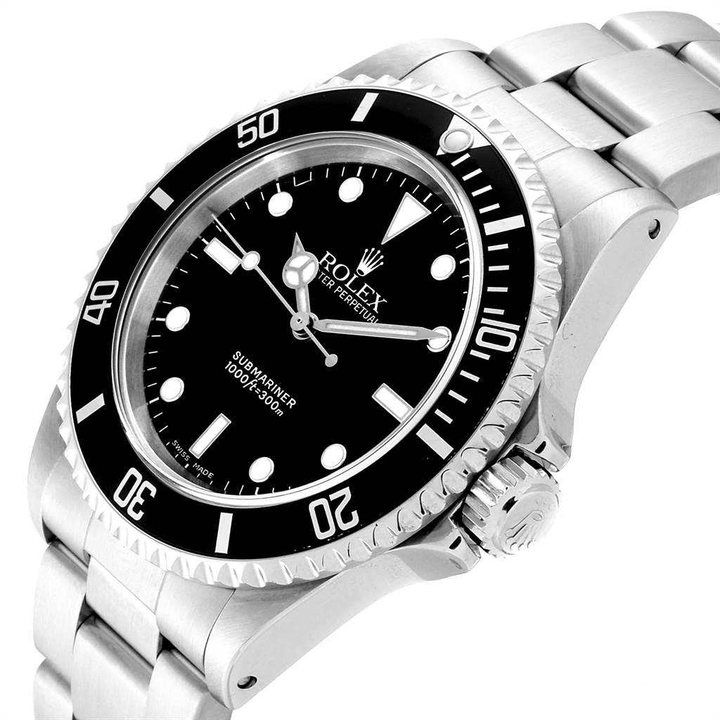 This image shows a Rolex Submariner 14060 Men's Stainless Steel Black Dial 14060 Men's Stainless Steel Black Dial watch at an angle highlighting the bezel, dial, crown, and bracelet.