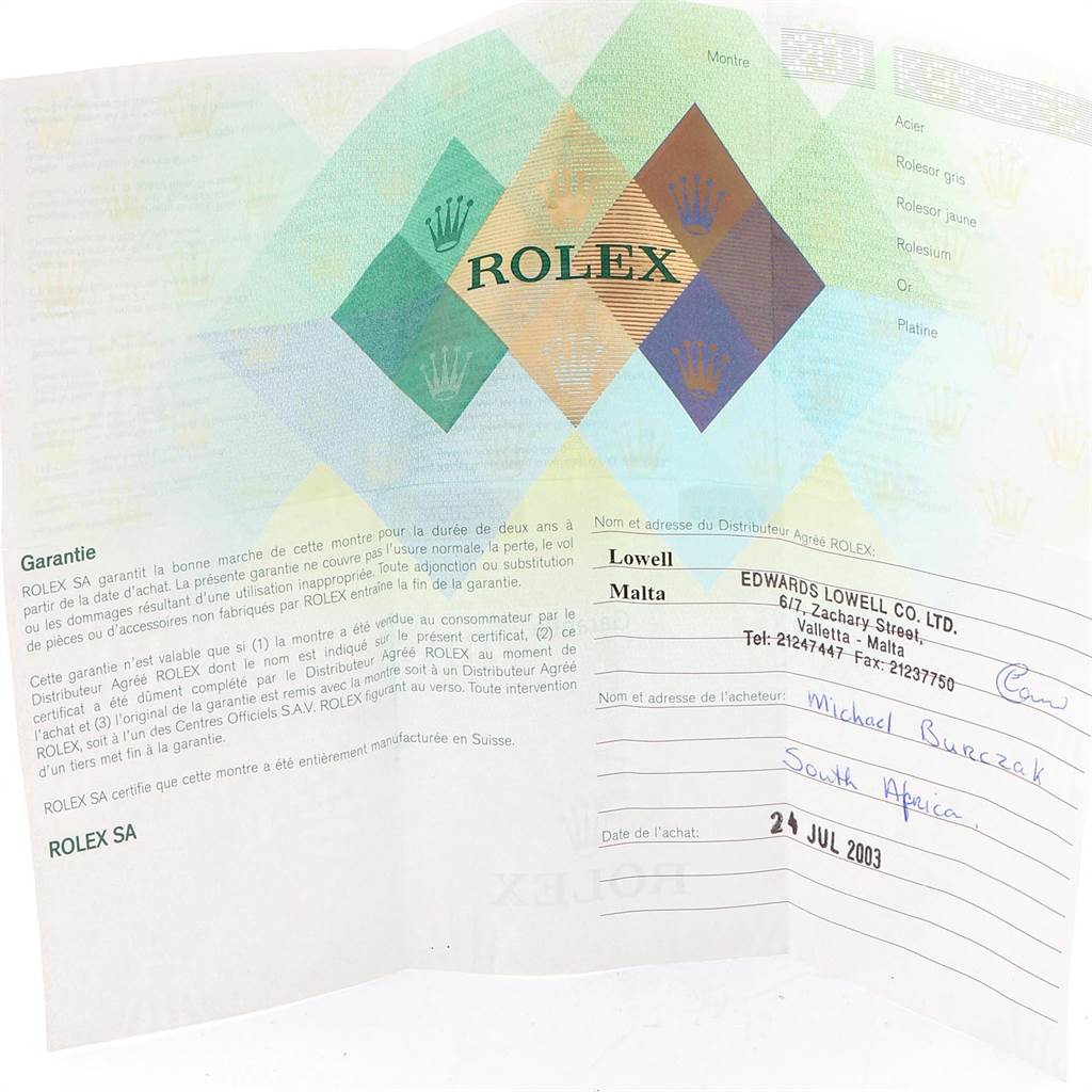 The image shows a warranty certificate for a Rolex Submariner 14060 Men's Stainless Steel Black Dial 14060 Men's Stainless Steel Black Dial watch.