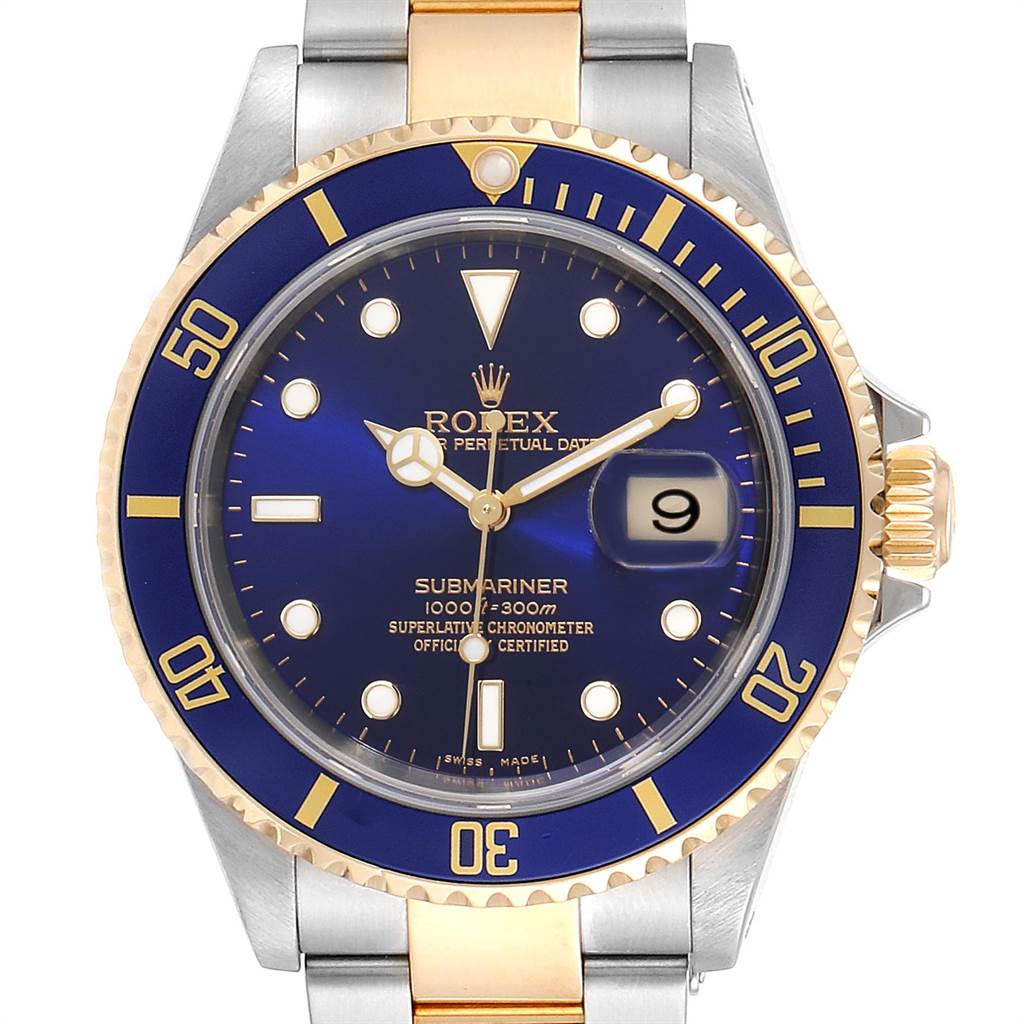 The image shows a front view of a Rolex Submariner 16613 Men's Steel and Gold (two tone) Blue Dial 16613 Men's Steel and Gold (two tone) Blue Dial watch with a blue dial and gold accents, displaying the date.