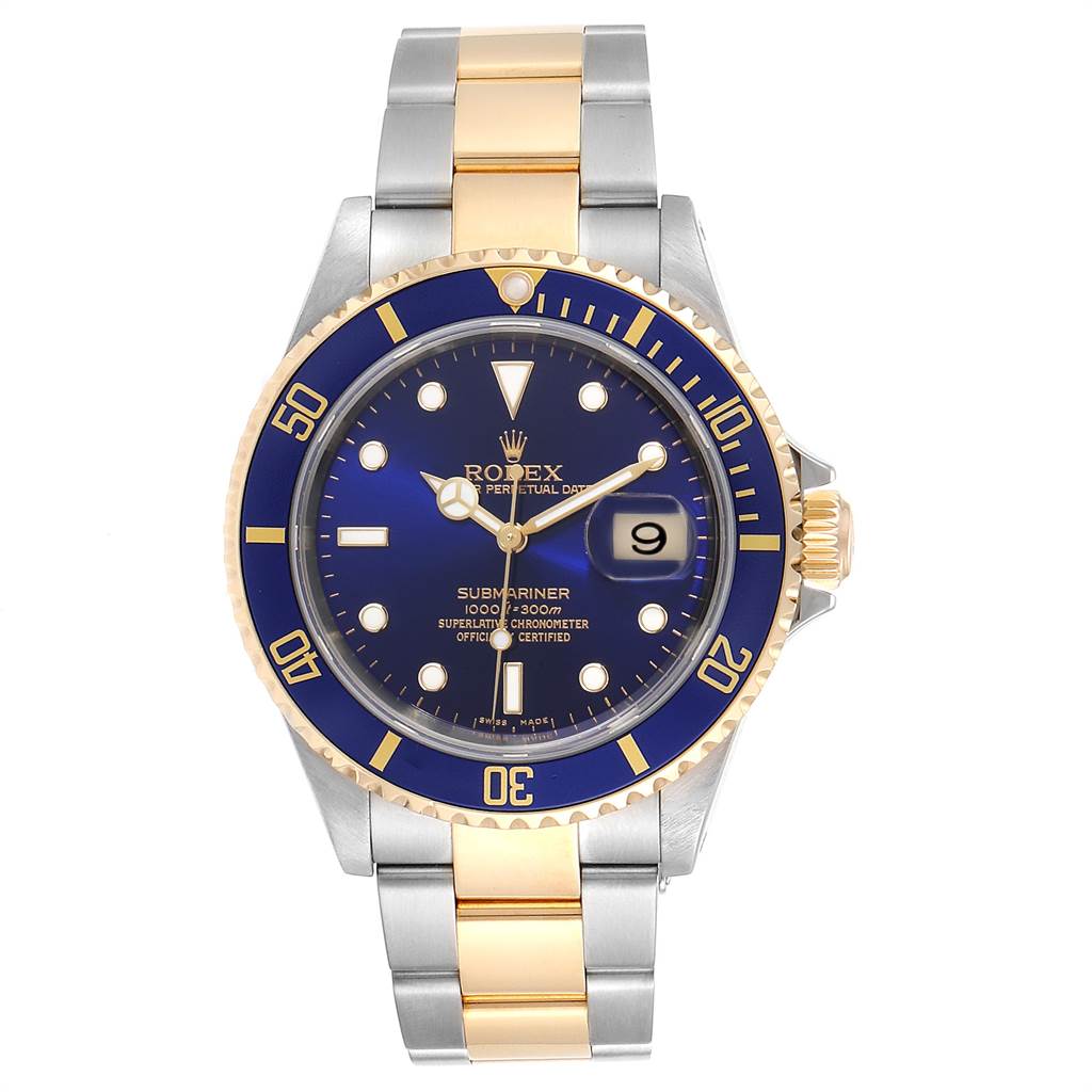The image shows a Rolex Submariner 16613 Men's Steel and Gold (two tone) Blue Dial 16613 Men's Steel and Gold (two tone) Blue Dial watch from a front angle, highlighting the bezel, dial, and two-tone bracelet.