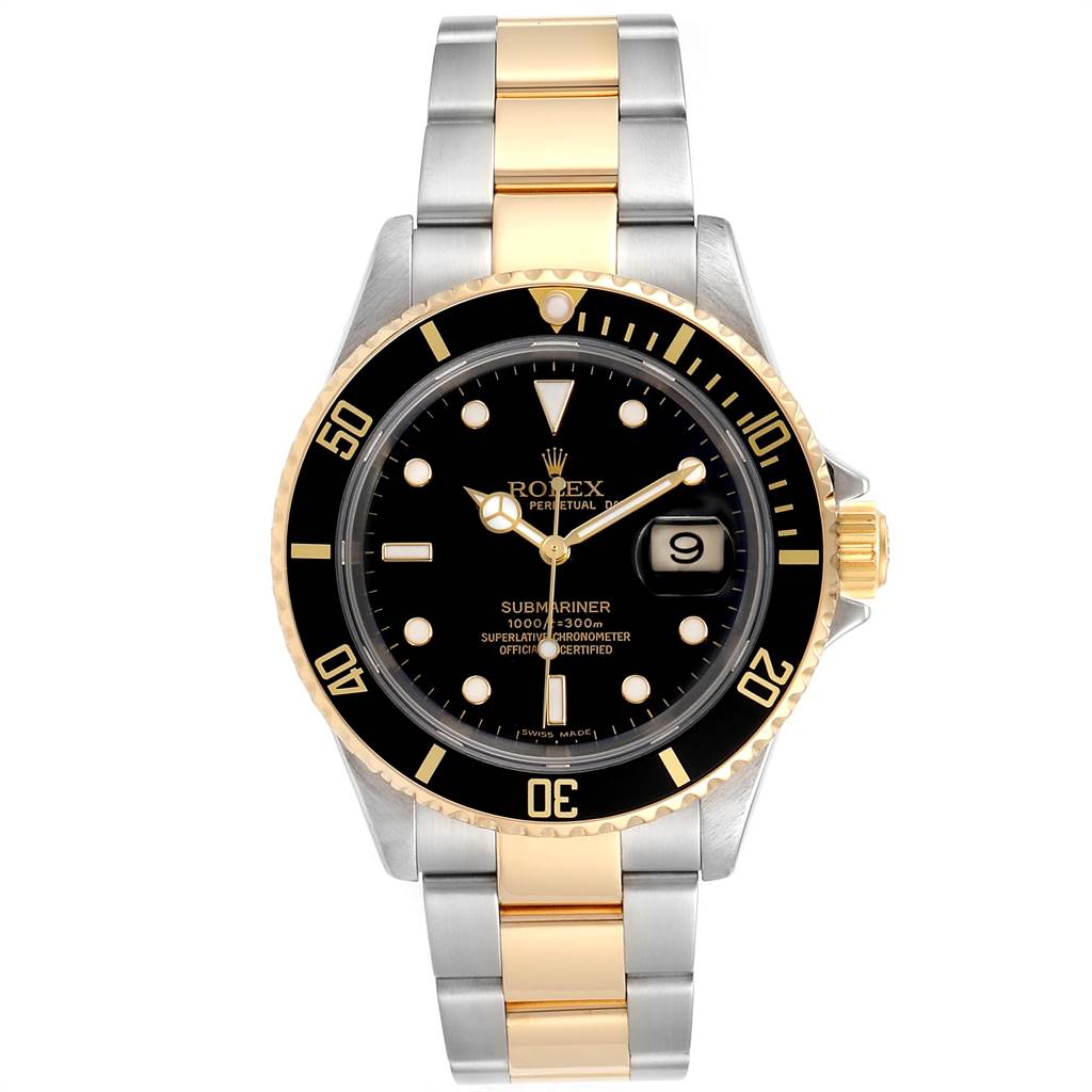 This image shows a front view of the Rolex Submariner 16613 Men
s Steel and Gold (two tone) Black Dial 16613 Men
s Steel and Gold (two tone) Black Dial watch featuring its dial, bezel, and bracelet.
