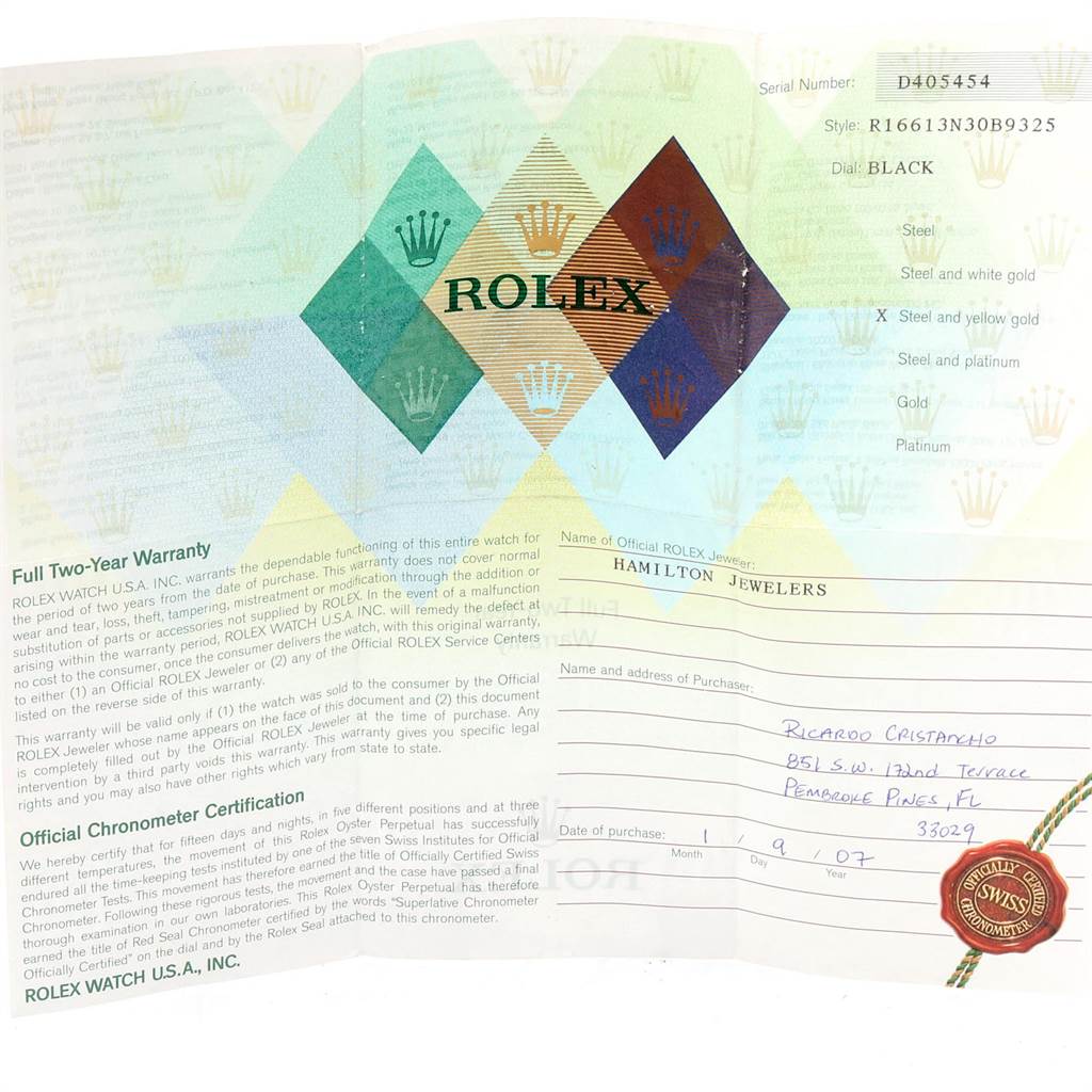 The image shows the official warranty and certification documents for a Rolex Submariner 16613 Men
s Steel and Gold (two tone) Black Dial 16613 Men
s Steel and Gold (two tone) Black Dial model watch.