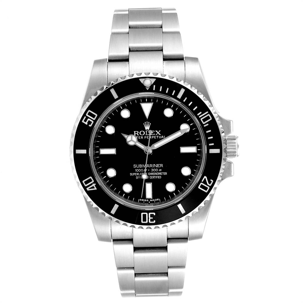 The image shows a front view of a Rolex Submariner 114060 Men's Stainless Steel Black Dial 114060 Men's Stainless Steel Black Dial watch, highlighting its black dial, bezel, and stainless steel bracelet.