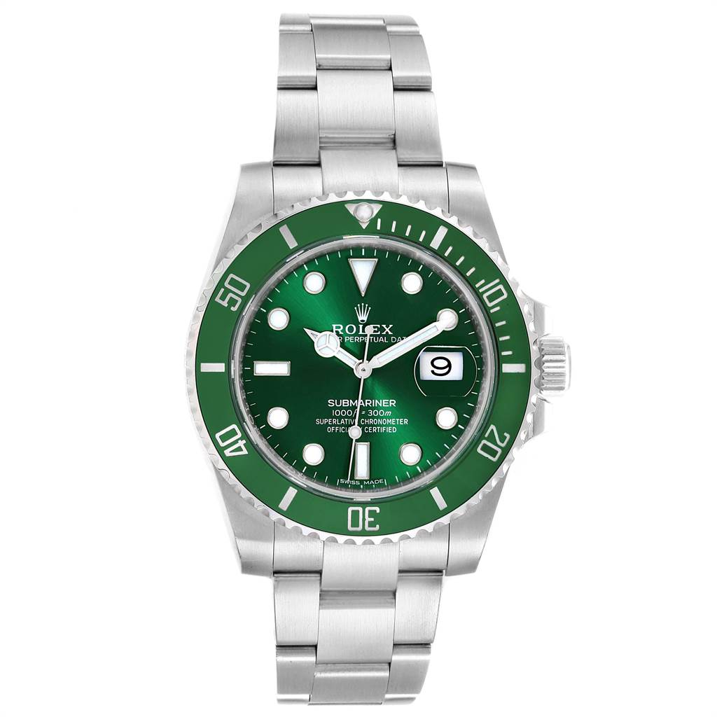 The image shows a front view of a Rolex Submariner 116610LV Men's Stainless Steel Green Dial 116610LV Men's Stainless Steel Green Dial watch, highlighting its green dial and bezel, stainless steel bracelet, and the date feature.