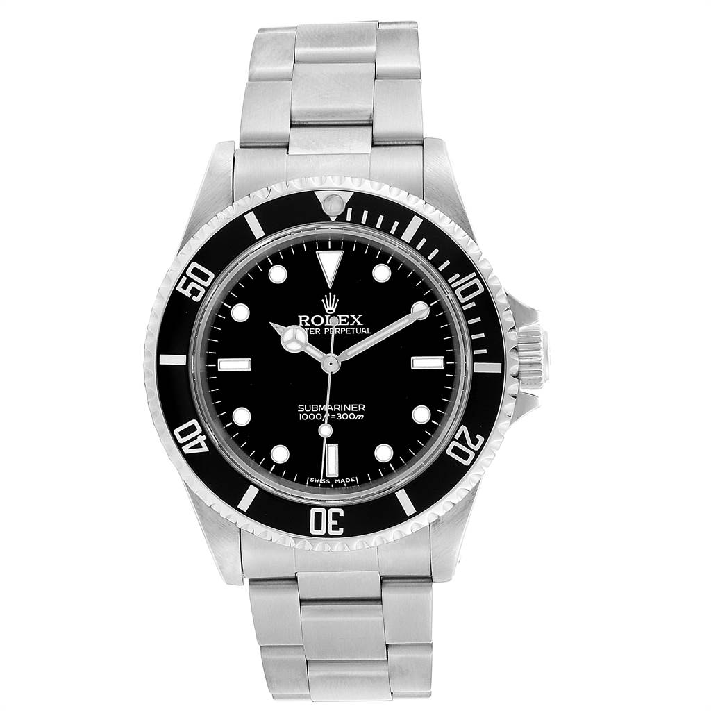 This is a front view of a Rolex Submariner 14060 Men's Stainless Steel Black Dial 14060 Men's Stainless Steel Black Dial watch, showcasing the dial, bezel, and bracelet.