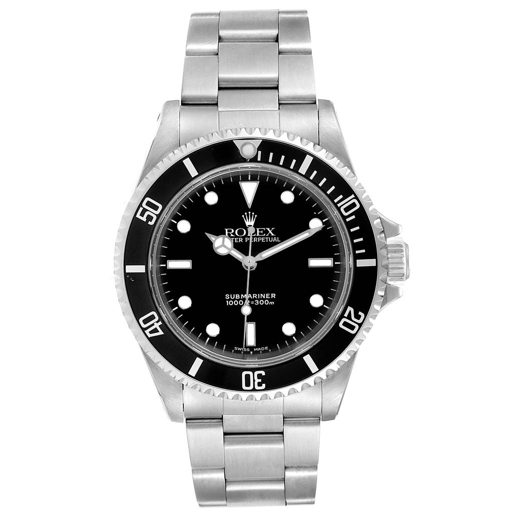 The image shows a front view of a Rolex Submariner 14060 Men's Stainless Steel Black Dial 14060 Men's Stainless Steel Black Dial watch displaying its face, bezel, and bracelet.