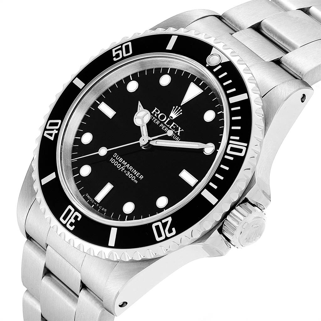 The image shows a Rolex Submariner 14060 Men
s Stainless Steel Black Dial 14060 Men
s Stainless Steel Black Dial watch at an angled view, showcasing the dial, bezel, crown, and part of the bracelet.