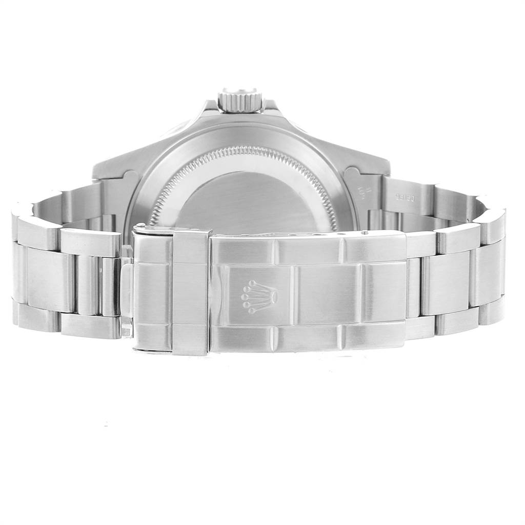 This image shows the back view of a Rolex Submariner 14060 Men
s Stainless Steel Black Dial 14060 Men
s Stainless Steel Black Dial, highlighting the case back, crown, and metal bracelet with a clasp.