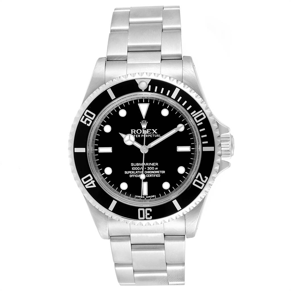 This is a front view image of a Rolex Submariner 14060 Men's Stainless Steel Black Dial 14060 Men's Stainless Steel Black Dial watch showing its dial, bezel, crown, and stainless steel bracelet.