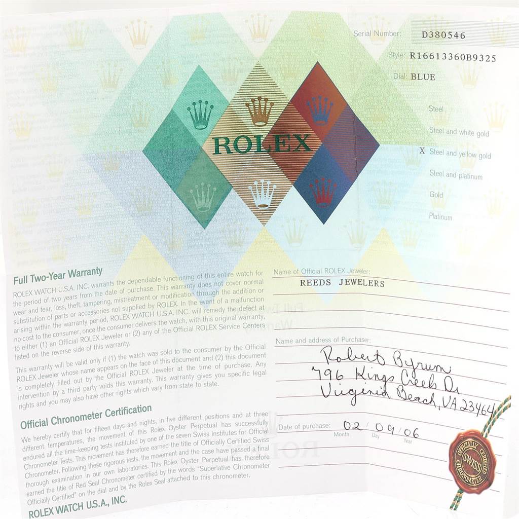 This image shows the warranty card and information booklet for the Rolex Submariner 16613 Men
s Steel and Gold (two tone) Blue Dial 16613 Men
s Steel and Gold (two tone) Blue Dial model.