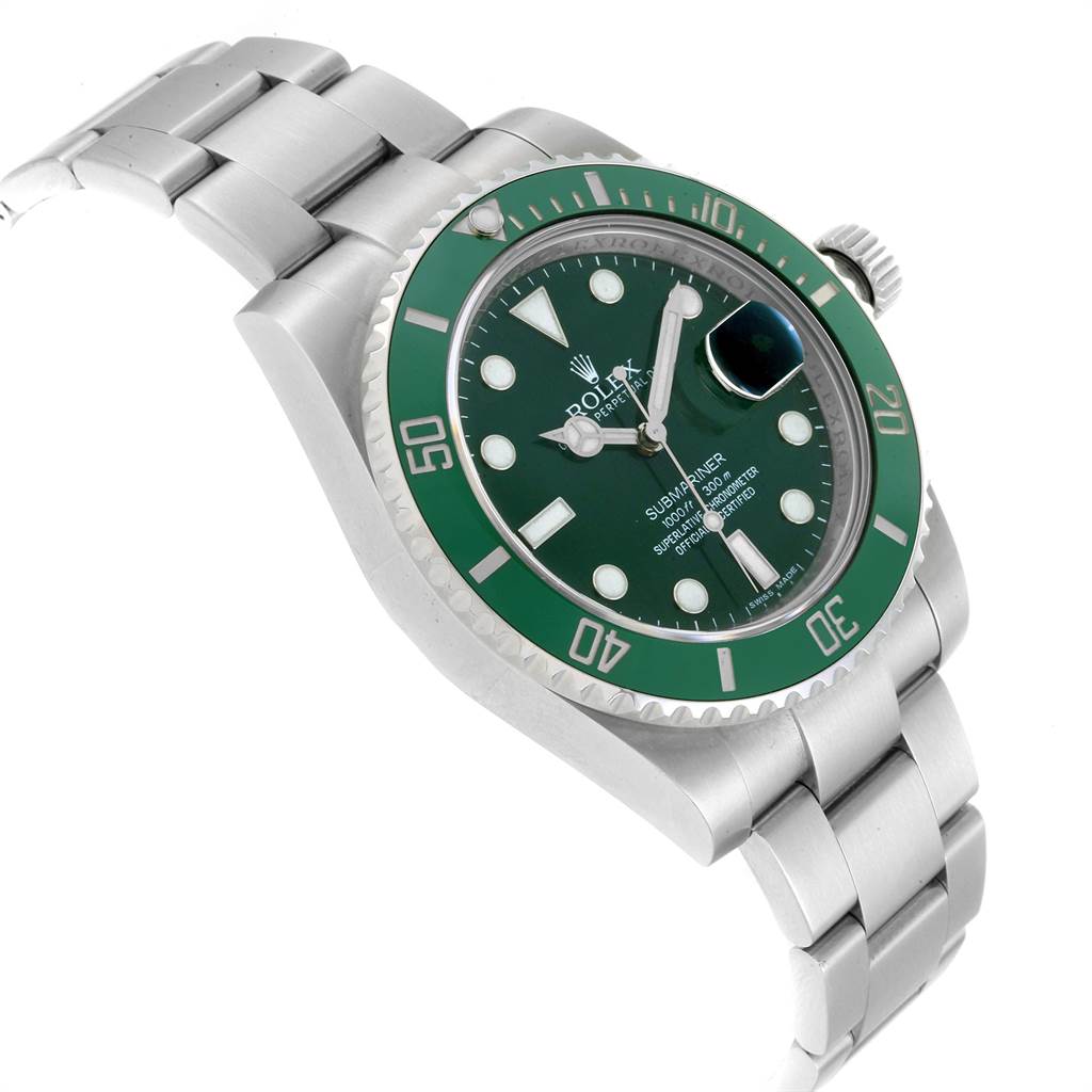 This Rolex Submariner 116610LV Men
s Stainless Steel Green Dial 116610LV Men
s Stainless Steel Green Dial model is shown at an angle, highlighting the green bezel, dial, and stainless steel bracelet.