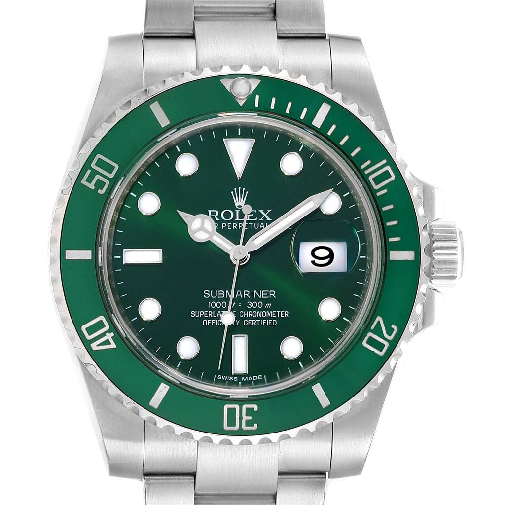 The image shows a frontal view of the Rolex Submariner 116610LV Men
s Stainless Steel Green Dial 116610LV Men
s Stainless Steel Green Dial watch, highlighting its green bezel, dial, and bracelet.