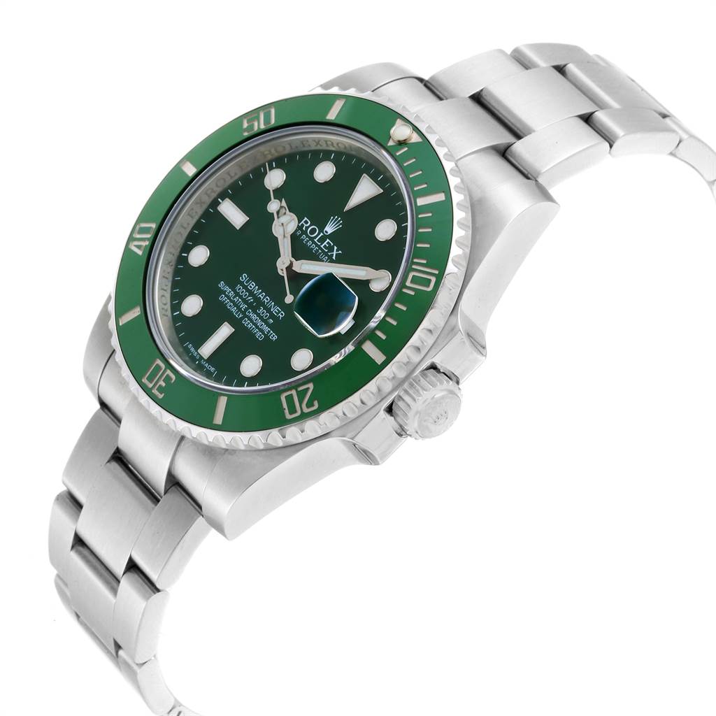 The image shows a Rolex Submariner 116610LV Men
s Stainless Steel Green Dial 116610LV Men
s Stainless Steel Green Dial at an angle highlighting its green dial, green bezel, crown, and stainless steel bracelet.