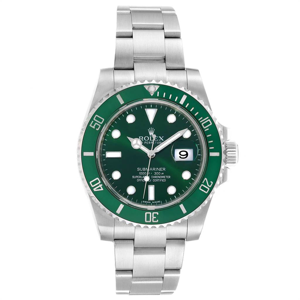 The Rolex Submariner 116610LV Men
s Stainless Steel Green Dial 116610LV Men
s Stainless Steel Green Dial watch is shown from the front, displaying its dial, bezel, hands, and bracelet.