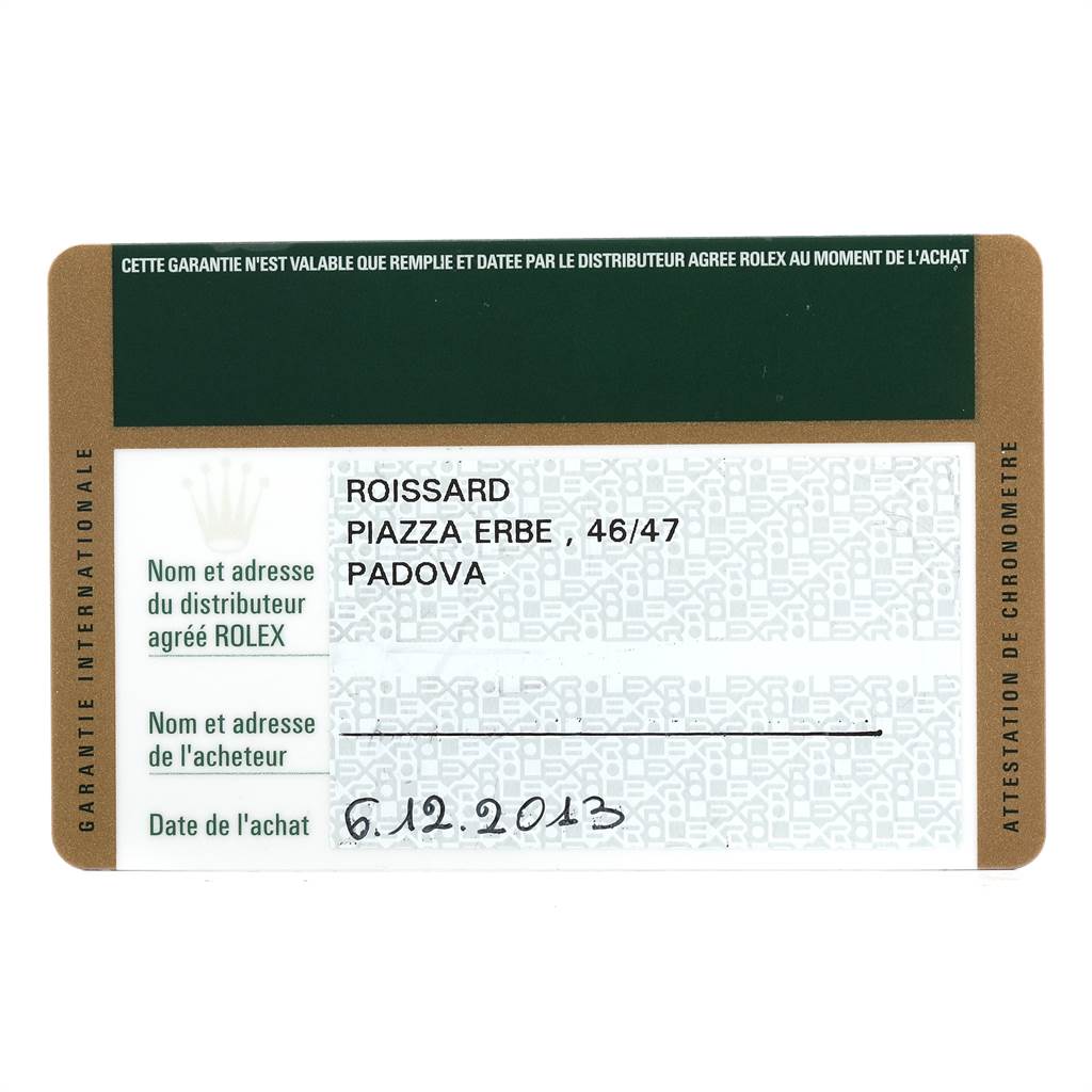 The image shows the warranty card for a Rolex Submariner 116610LV Men
s Stainless Steel Green Dial 116610LV Men
s Stainless Steel Green Dial watch, including purchase date and distributor information.