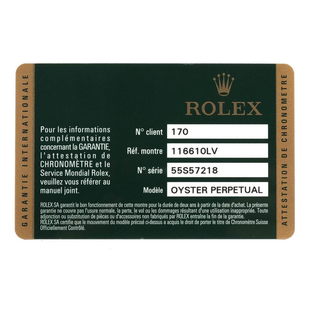 This image shows the warranty card for a Rolex Submariner 116610LV Men
s Stainless Steel Green Dial 116610LV Men
s Stainless Steel Green Dial, featuring model and serial number information.