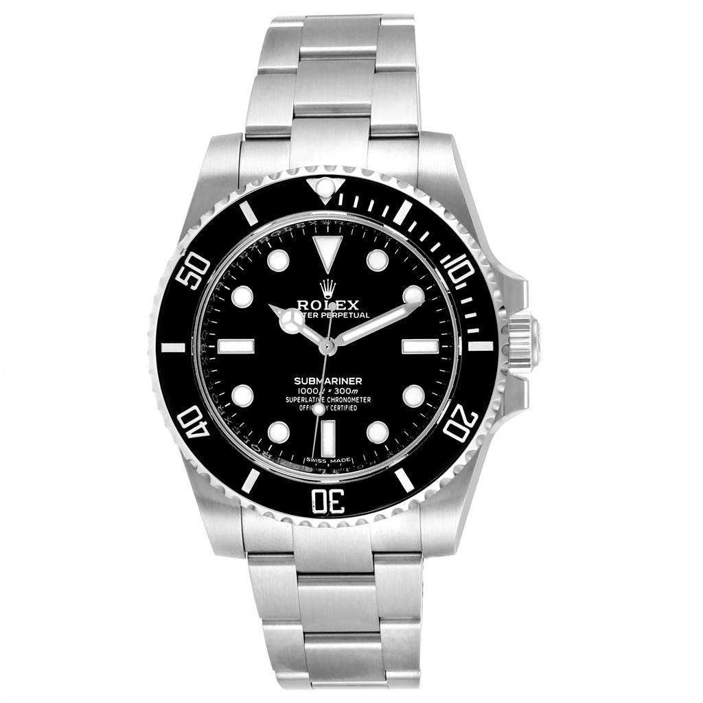The image shows a front view of the Rolex Submariner 114060 Men's Stainless Steel Black Dial 114060 Men's Stainless Steel Black Dial watch, highlighting the face, bezel, and bracelet.