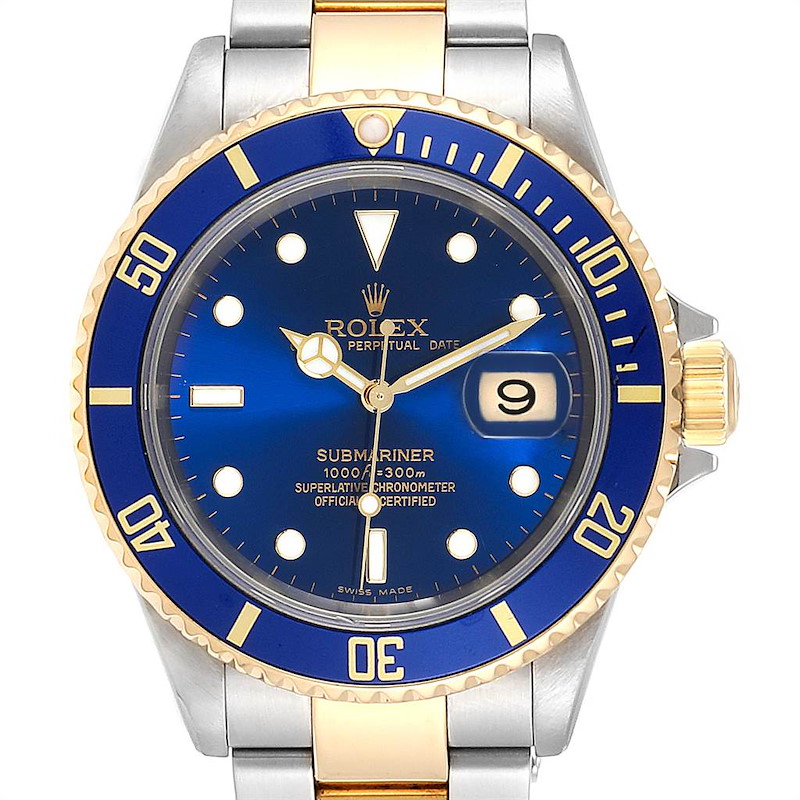 Rolex Submariner Blue Dial Bezel Steel Yellow Gold Mens Watch 16613 SwissWatchExpo
