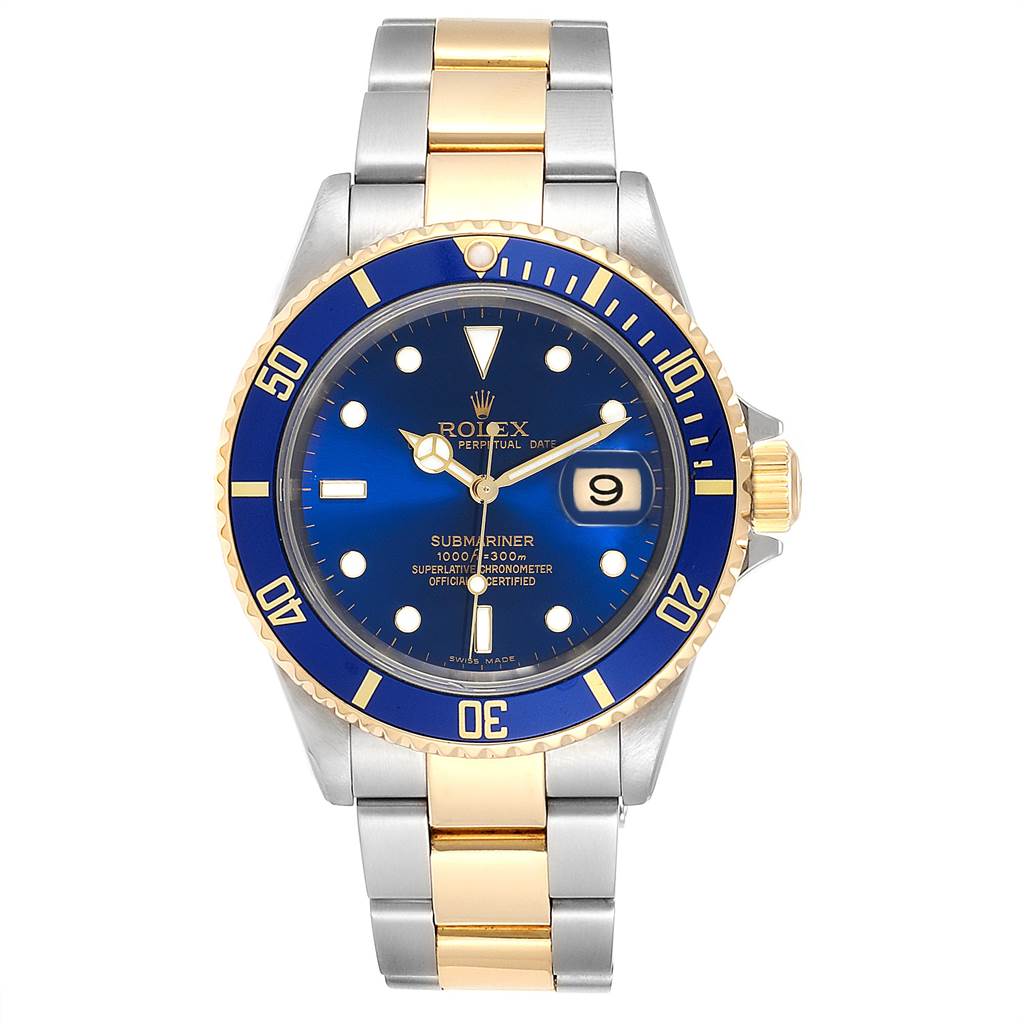 This image shows a Rolex Submariner 16613 Men's Steel and Gold (two tone) Blue Dial 16613 Men's Steel and Gold (two tone) Blue Dial watch with a blue dial and bezel, gold accents, and a two-tone bracelet.