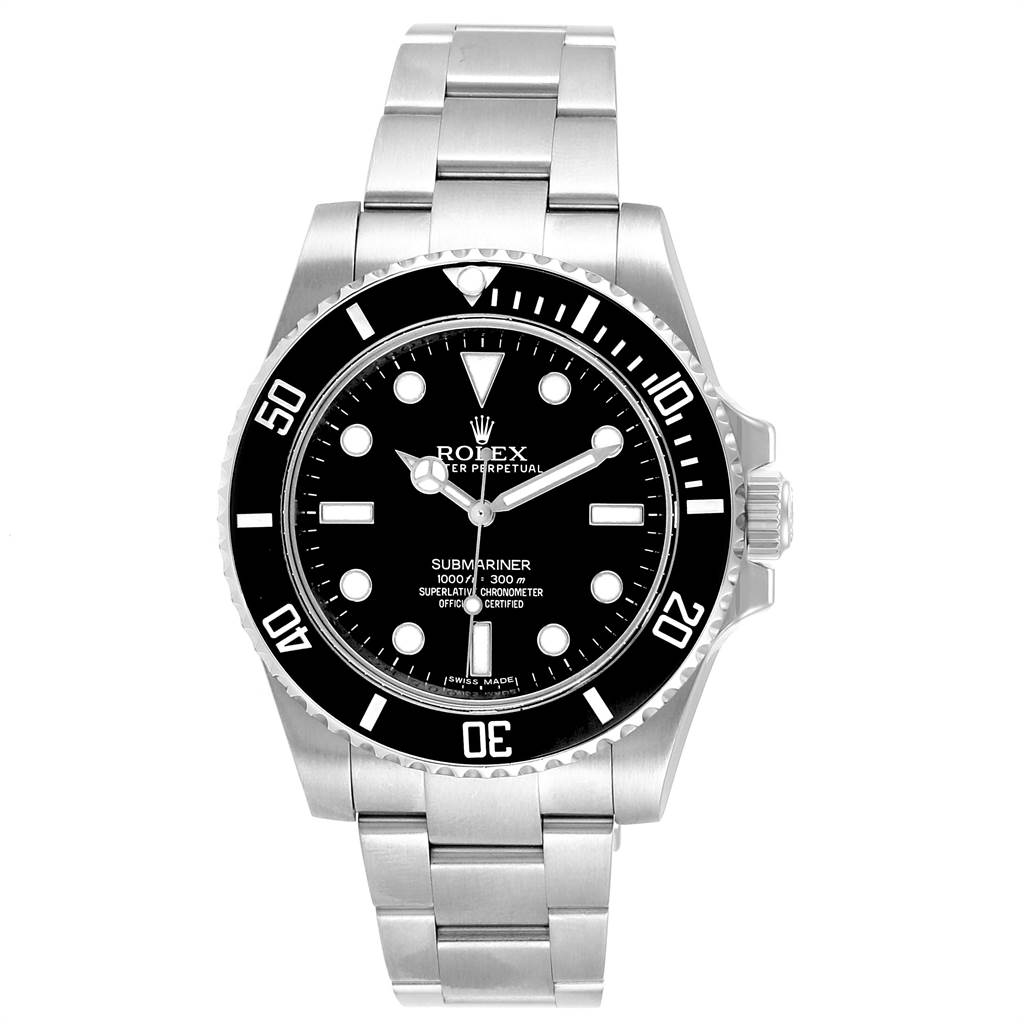 This image shows a front view of the Rolex Submariner 114060 Men's Stainless Steel Black Dial 114060 Men's Stainless Steel Black Dial watch, highlighting its dial, bezel, and bracelet.