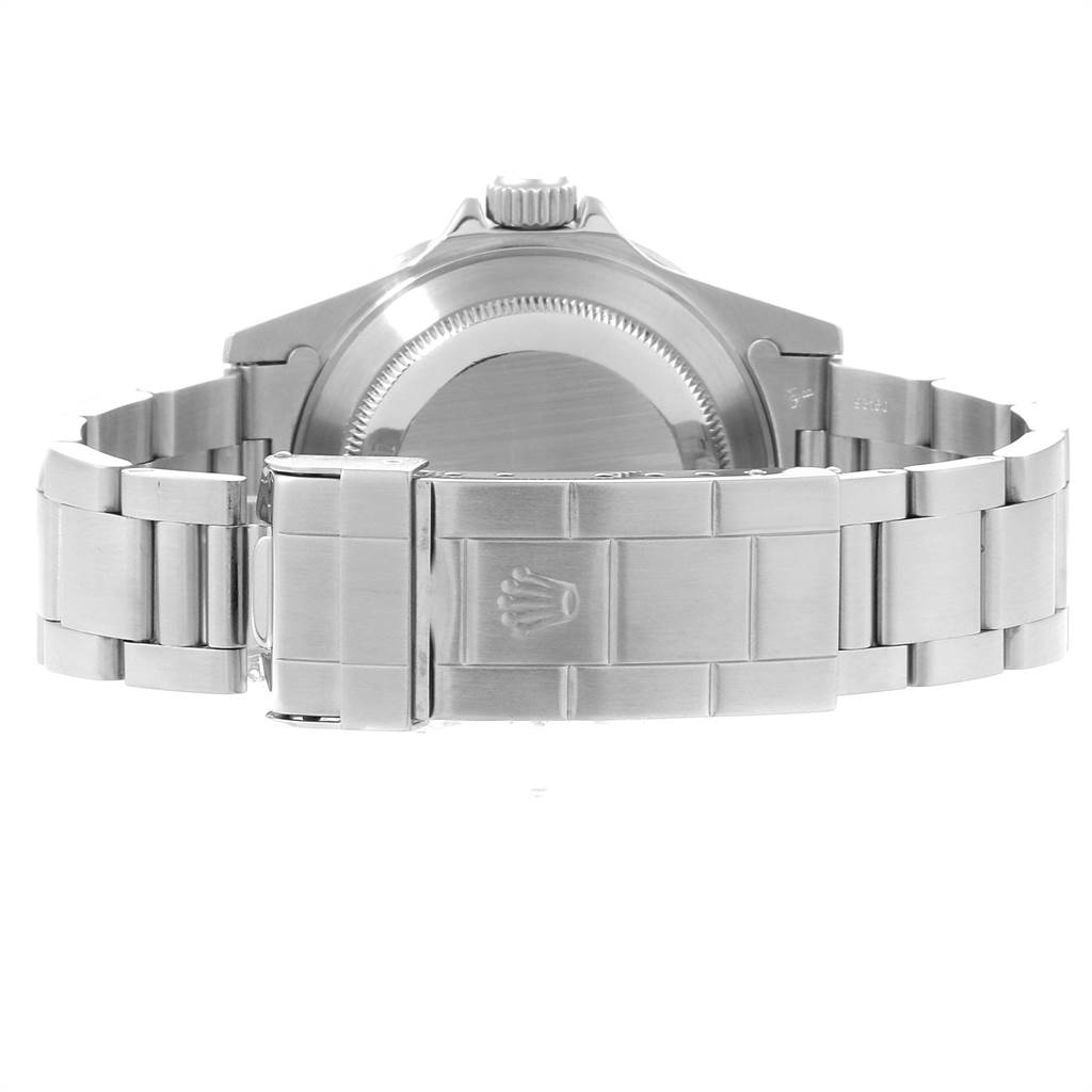 This image shows the back view of a Rolex Submariner 14060 Men's Stainless Steel Black Dial 14060 Men's Stainless Steel Black Dial, highlighting its case back, bracelet, and clasp.