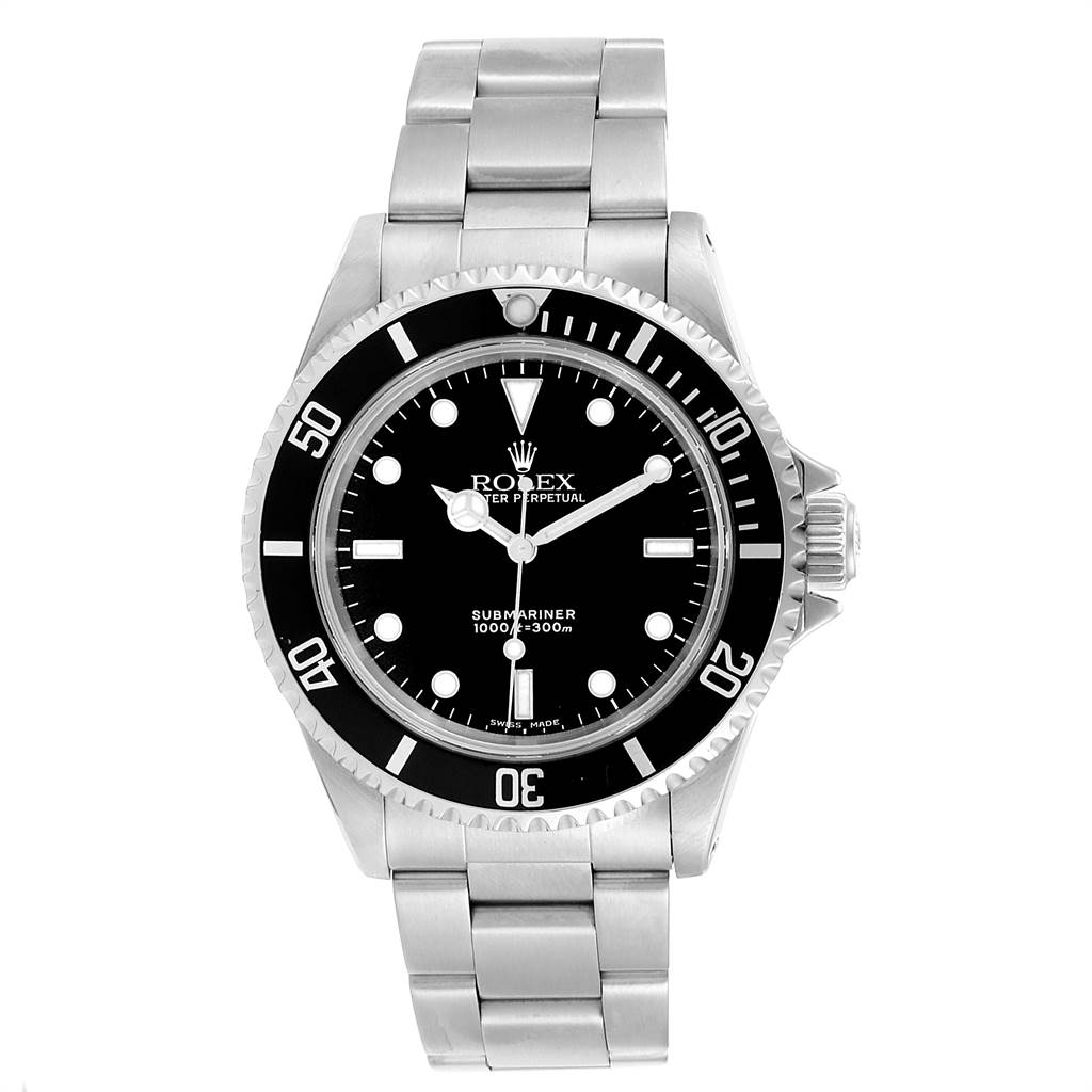 This image shows a frontal view of the Rolex Submariner 14060 Men's Stainless Steel Black Dial 14060 Men's Stainless Steel Black Dial watch, highlighting its dial, bezel, and bracelet.
