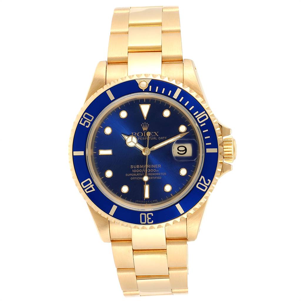 This Rolex Submariner 16618 Men's Yellow Gold Blue Dial 16618 Men's Yellow Gold Blue Dial watch is shown from the front, displaying the dial, bezel, bracelet, and crown.