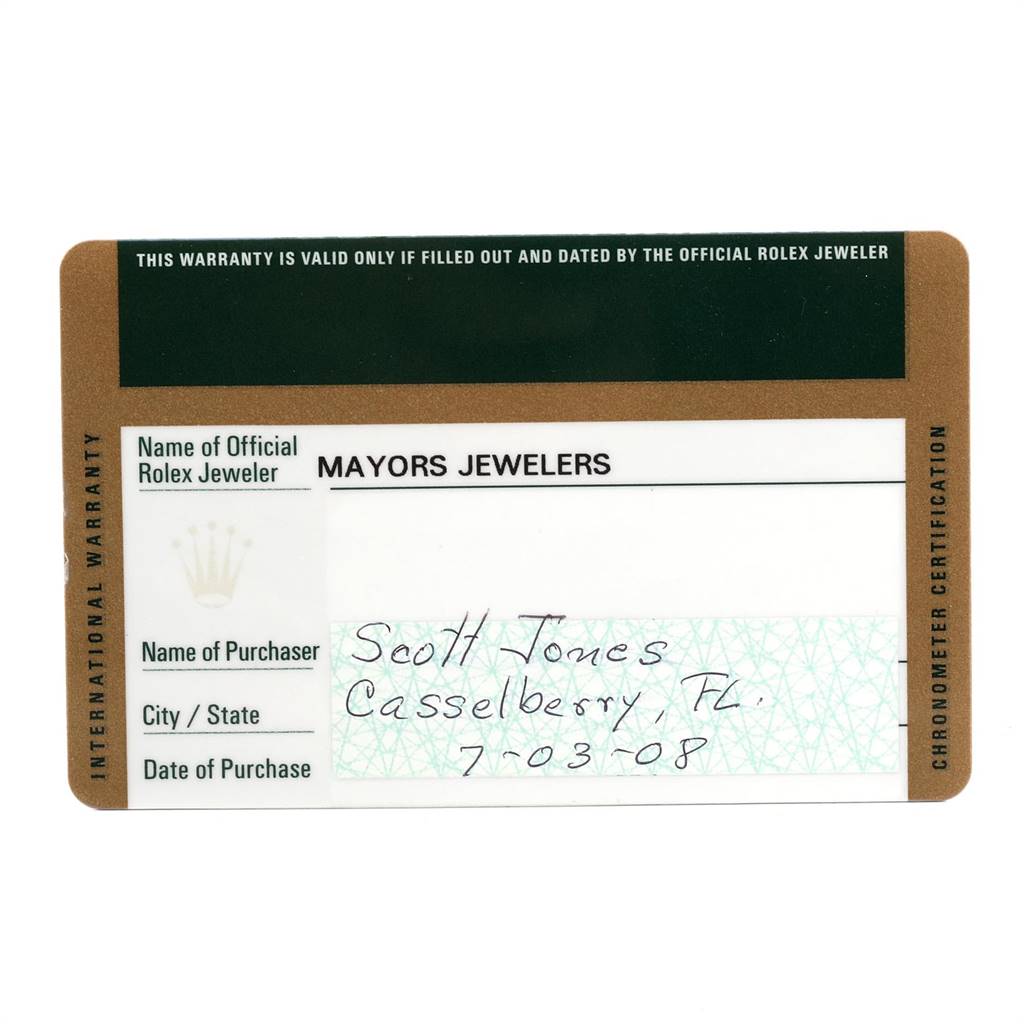 This image shows the warranty card for a Rolex Submariner 16613 Men's Steel and Gold (two tone) Blue Dial 16613 Men's Steel and Gold (two tone) Blue Dial watch, including details of the official dealer and purchaser.