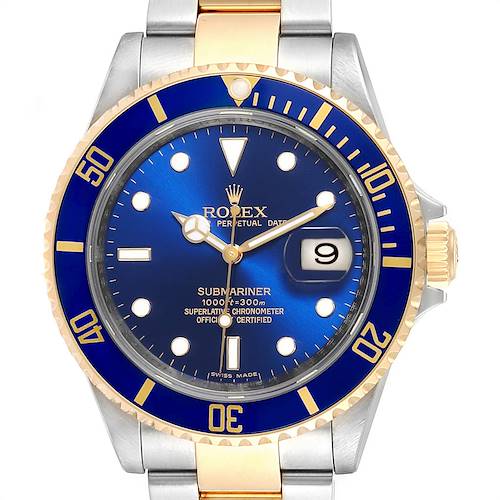 Photo of Rolex Submariner Blue Dial Bezel Steel Gold Watch 16613 Box Card