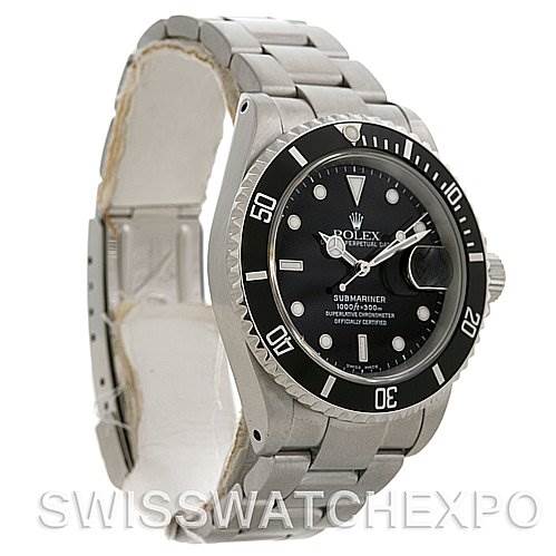 The image shows a Rolex Submariner 16610 Men's Stainless Steel Black Dial 16610 Men's Stainless Steel Black Dial watch at an angled side view, highlighting the stainless steel bracelet, black bezel, and dial.