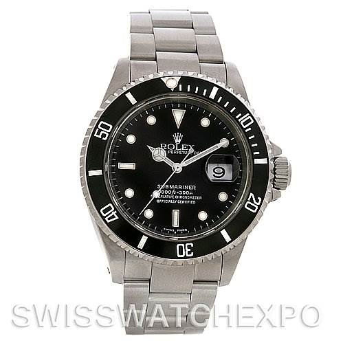 The image shows a frontal view of a Rolex Submariner 16610 Men's Stainless Steel Black Dial 16610 Men's Stainless Steel Black Dial watch, featuring its face, bezel, and stainless steel bracelet.