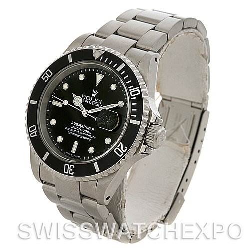 This image shows the front and right-side angle of a Rolex Submariner 16610 Men's Stainless Steel Black Dial 16610 Men's Stainless Steel Black Dial watch, highlighting its black dial, bezel, and stainless steel bracelet.